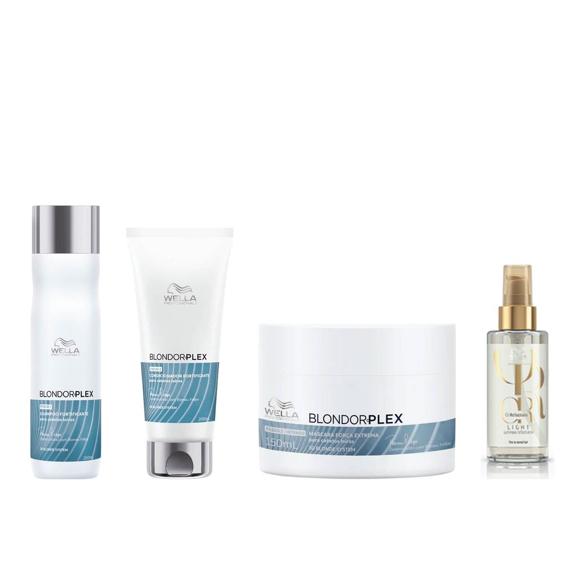 Kit BlondorPlex Wella Shampoo 250ml Cond Máscara 150ml + Óleo Oil Reflections Light 100ml
